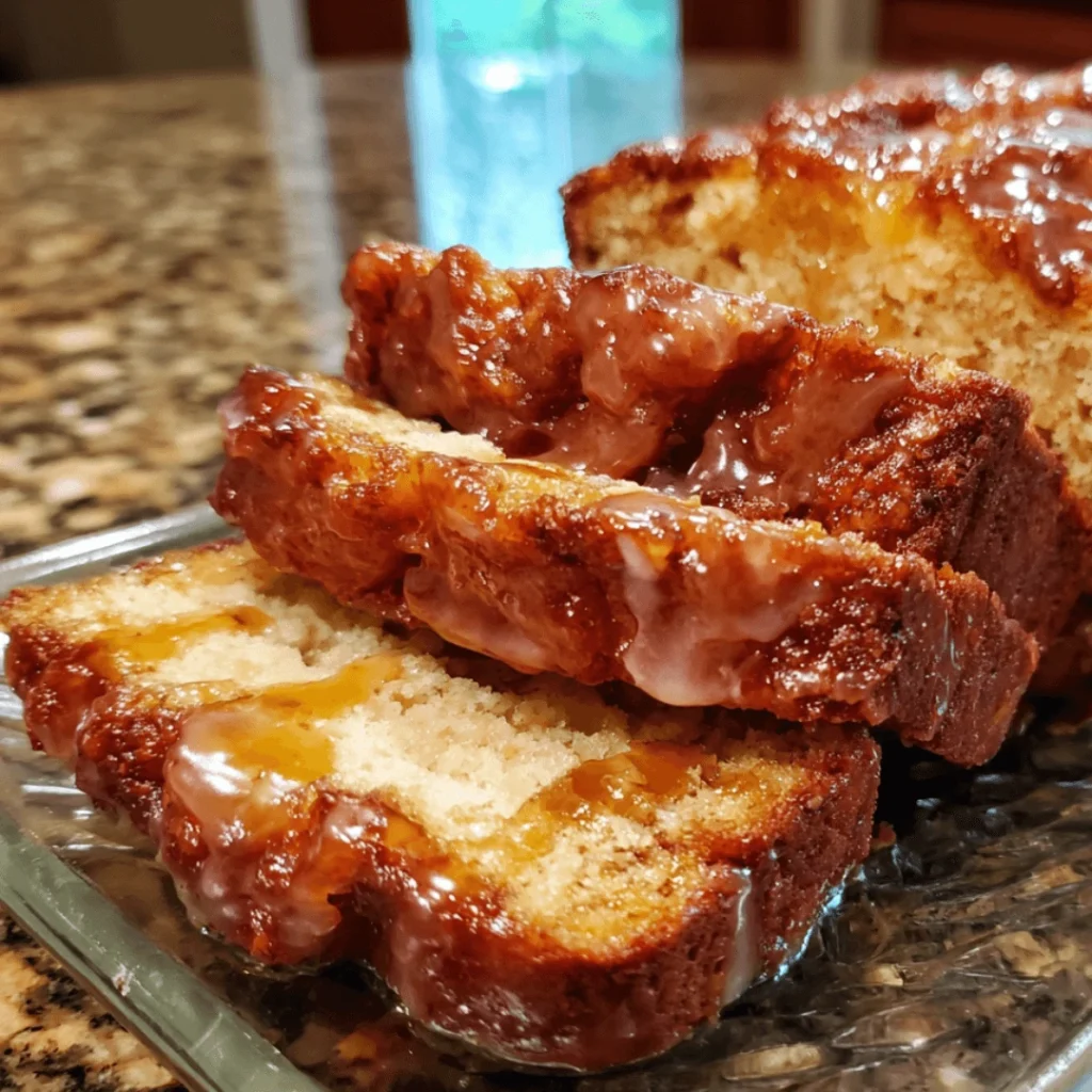 Easy Amish apple fritter bread drizzled with glaze on a wooden cutting board.