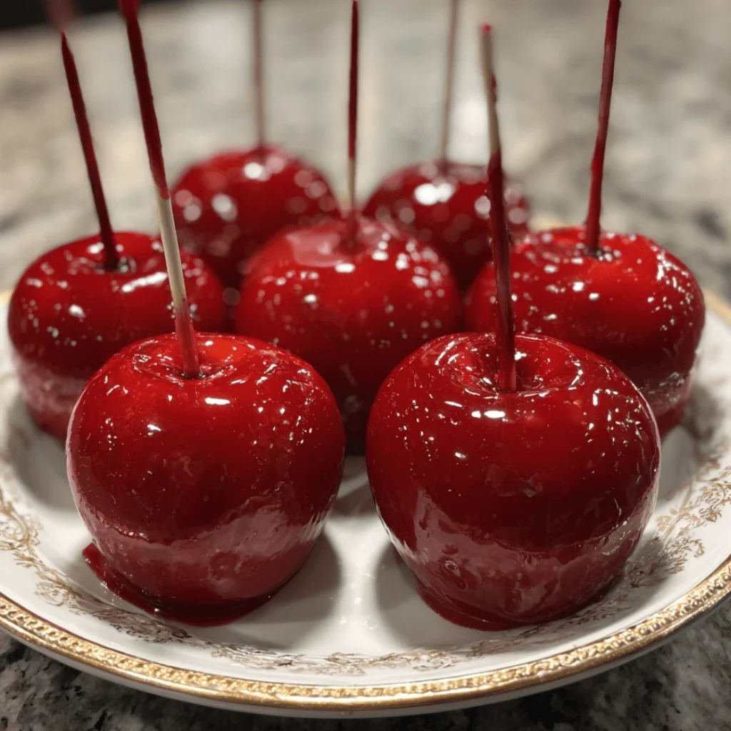 Easy candy apple recipe with shiny red coating, perfect for fall desserts