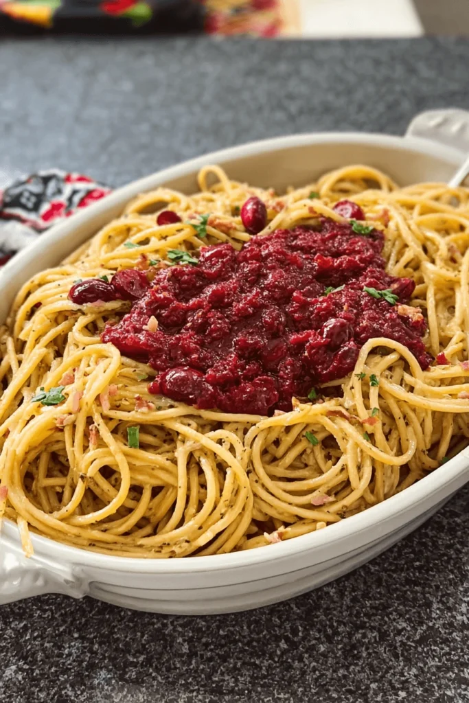Easy Cranberry Spaghetti with turkey bacon and herbs