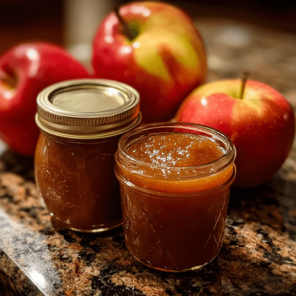 Homemade crockpot apple butter in a jar with fresh apples around
