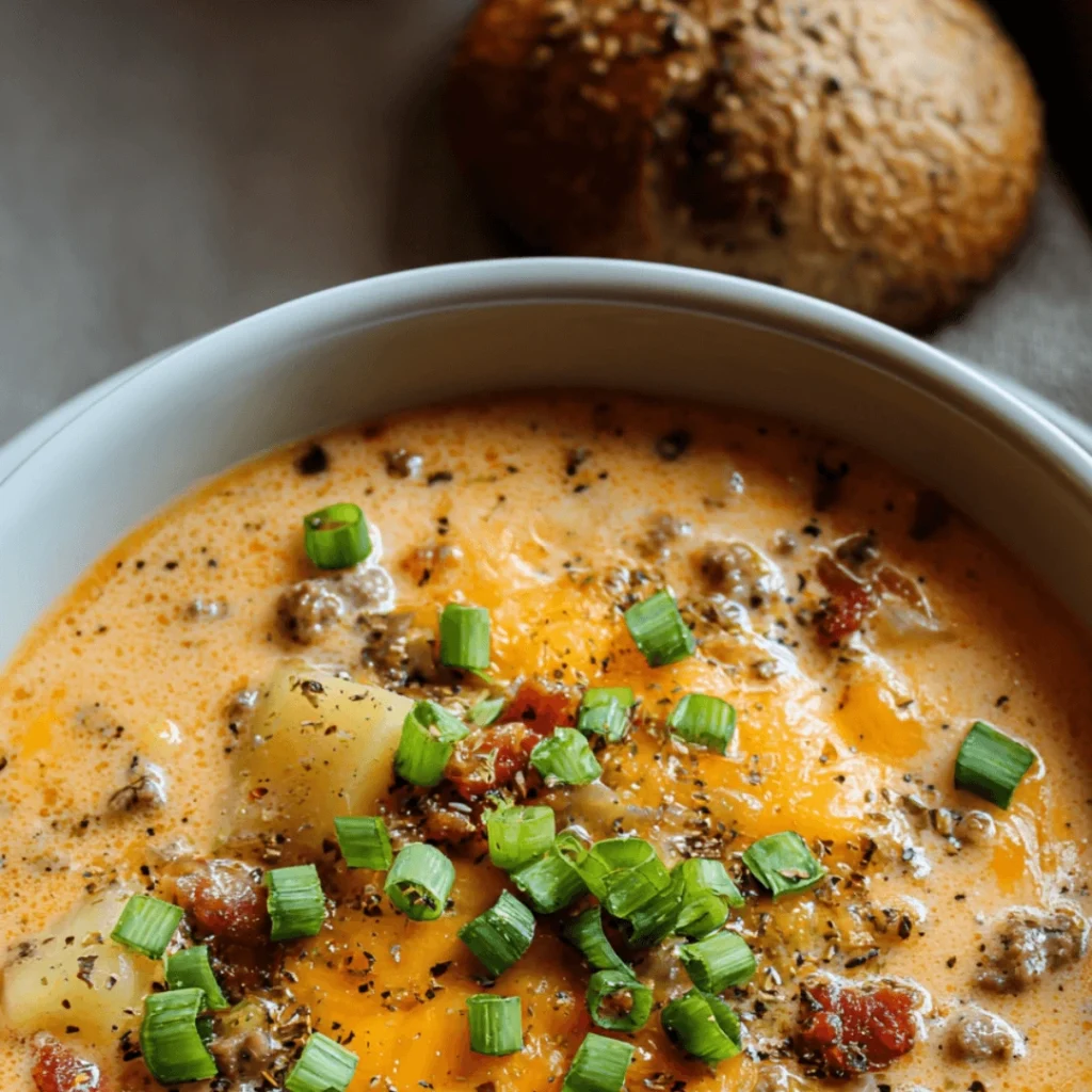 Bowl of creamy Crockpot cheeseburger soup with shredded cheddar and green onions