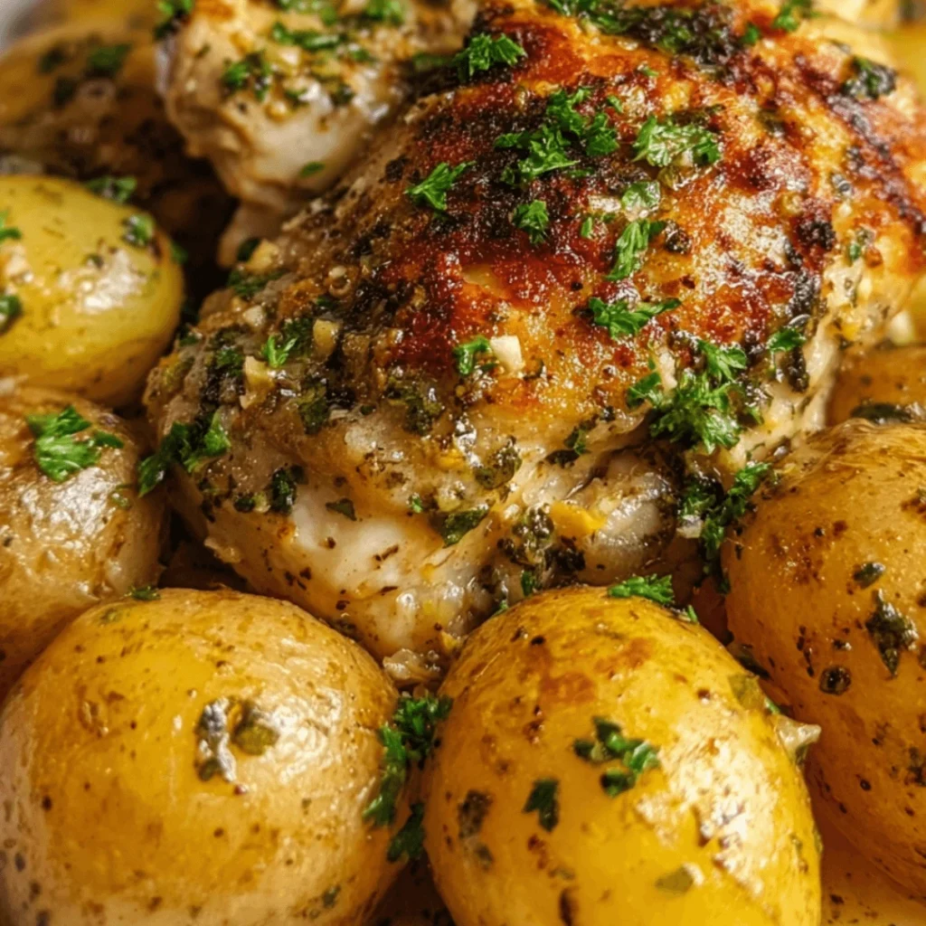 Easy Garlic Parmesan Crockpot Chicken and Potatoes in a slow cooker topped with parsley