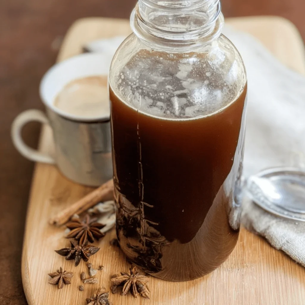Homemade chai concentrate in a glass jar with spices on the side.