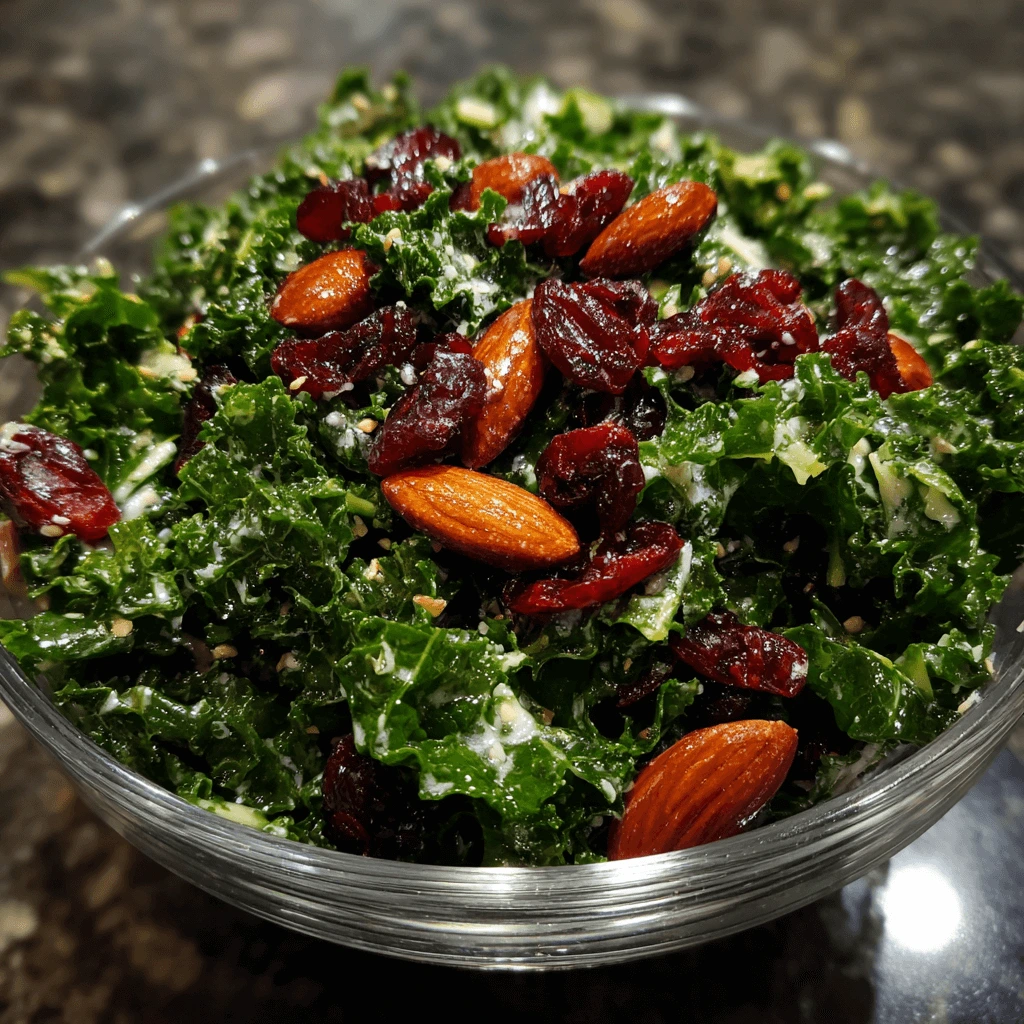 Easy kale salad with cranberries, Parmesan, and homemade croutons in a bowl