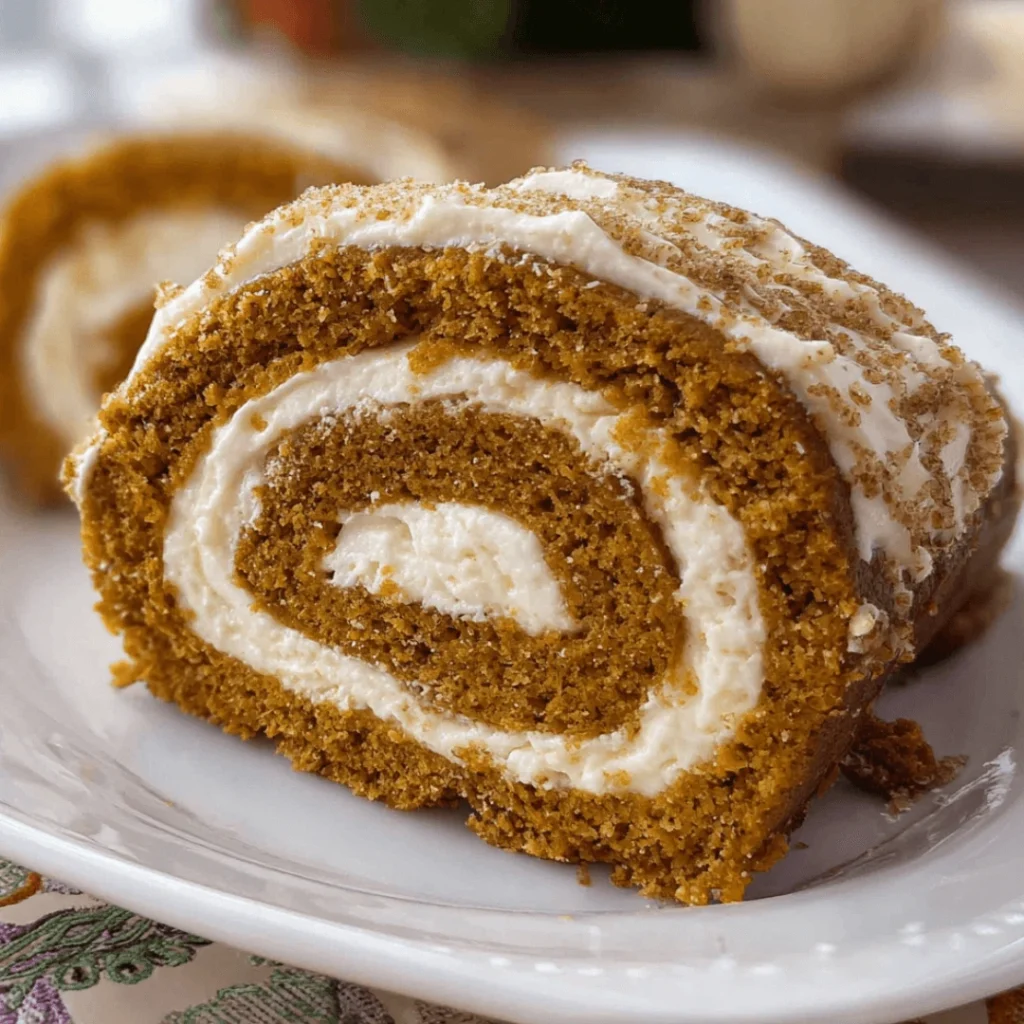 Easy Pumpkin Roll Recipe | Classic Fall Dessert with Cream Cheese Filling 1 Slice of pumpkin roll with cream cheese swirl