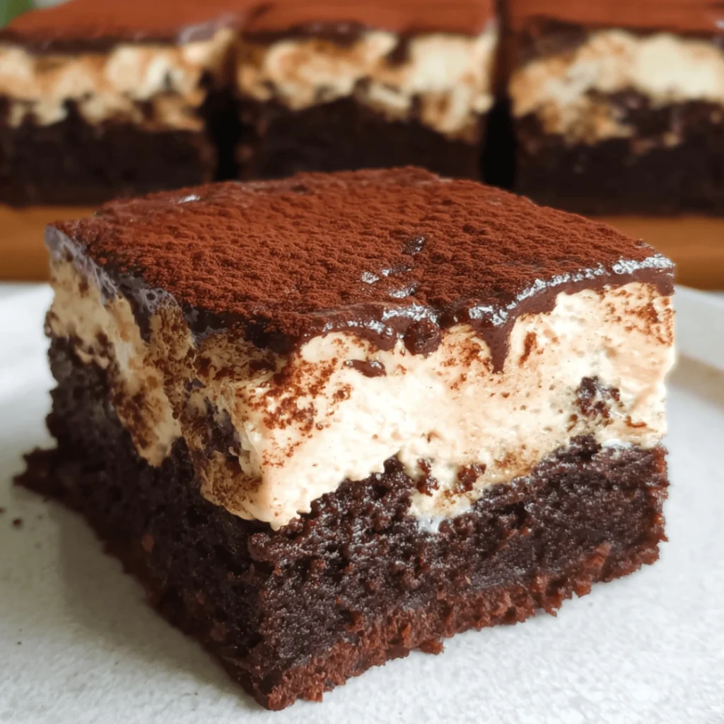 Fudgy chocolate brownies topped with creamy espresso mascarpone and dusted with cocoa.