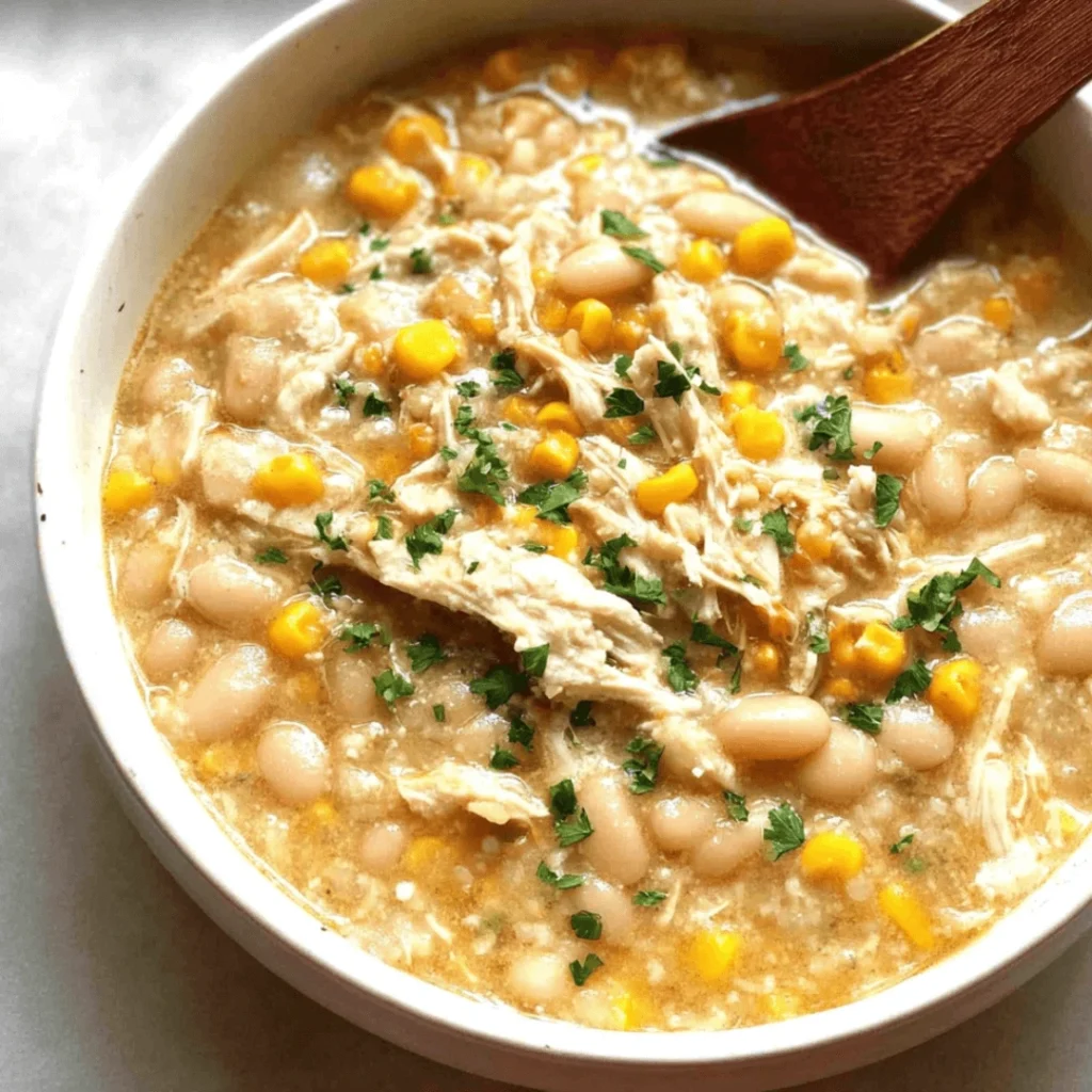 Bowl of easy white chicken chili topped with cilantro and lime wedges.