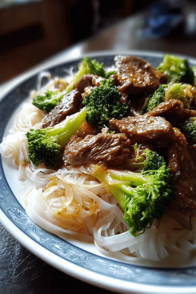 Flat rice noodles with beef and broccoli