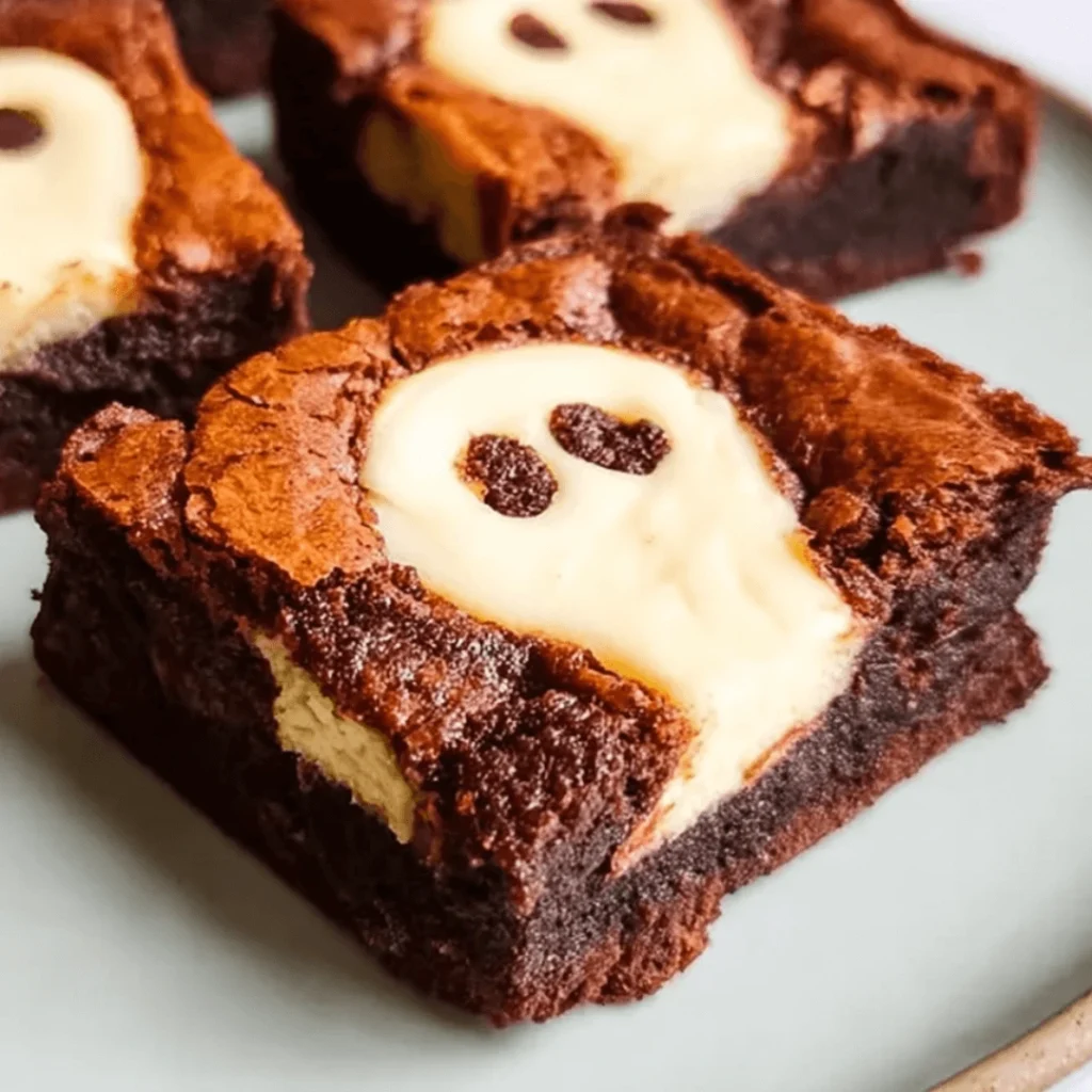 Ghost cheesecake brownies with creamy swirls on a baking tray