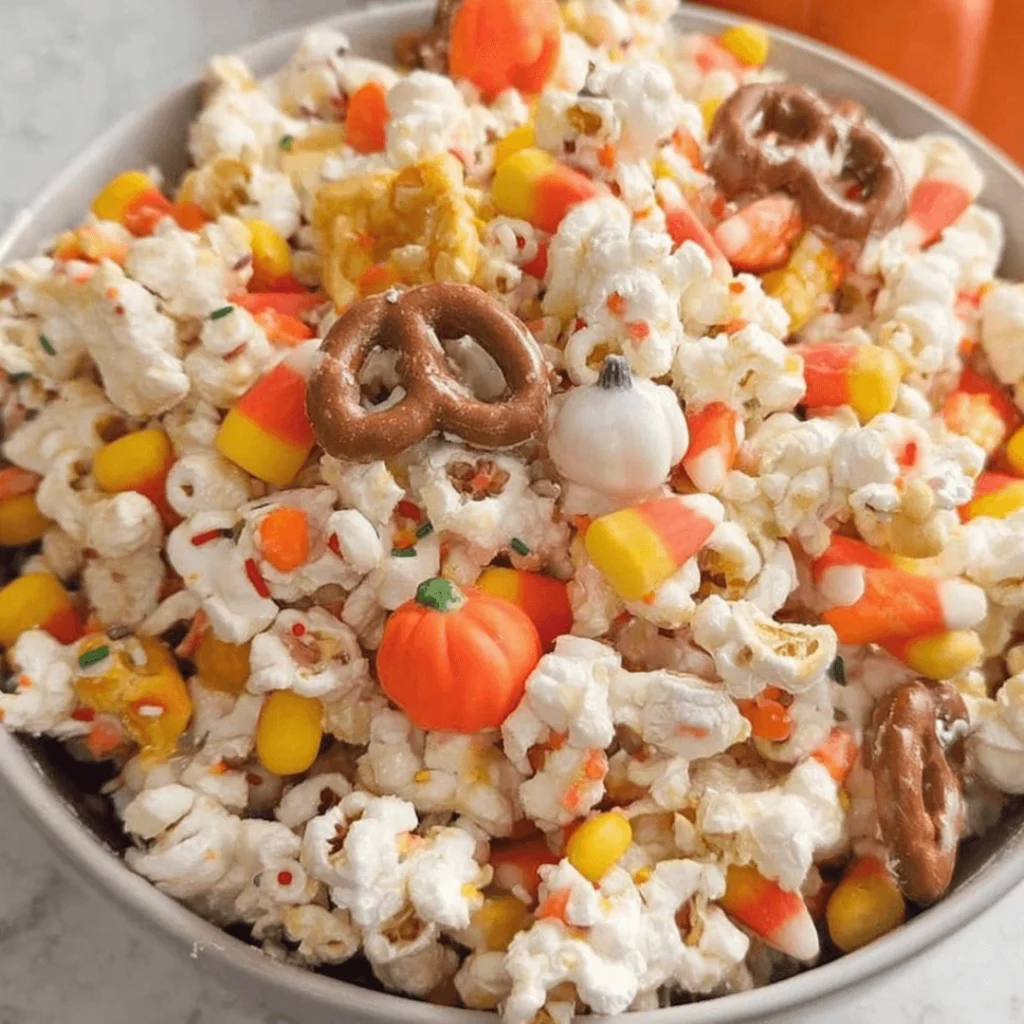 Bowl of Halloween popcorn with candy corn and mini pumpkins