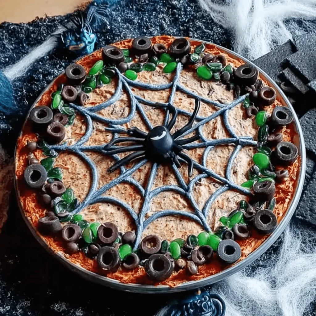 A festive Halloween Spiderweb Layered Dip topped with a sour cream spiderweb design, black olives, and cherry tomatoes, surrounded by tortilla chips.