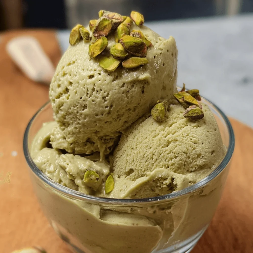 Vegan pistachio ice cream served in a bowl with chopped pistachios on top