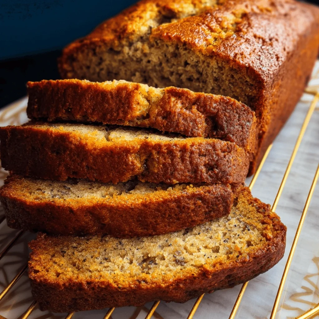 Moist and healthy banana bread loaf sliced on a wooden board