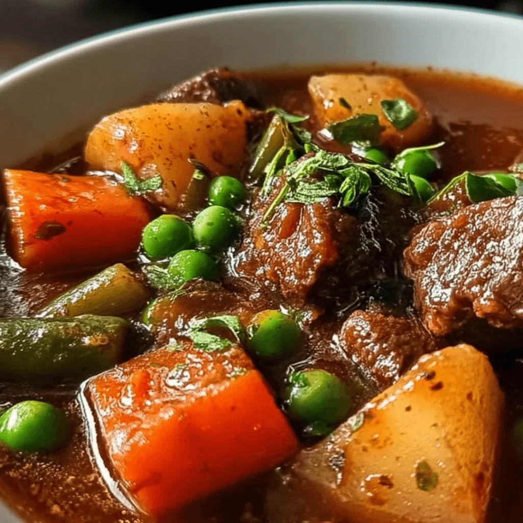 Bowl of hearty beef stew with tender beef chunks, carrots, potatoes, and peas