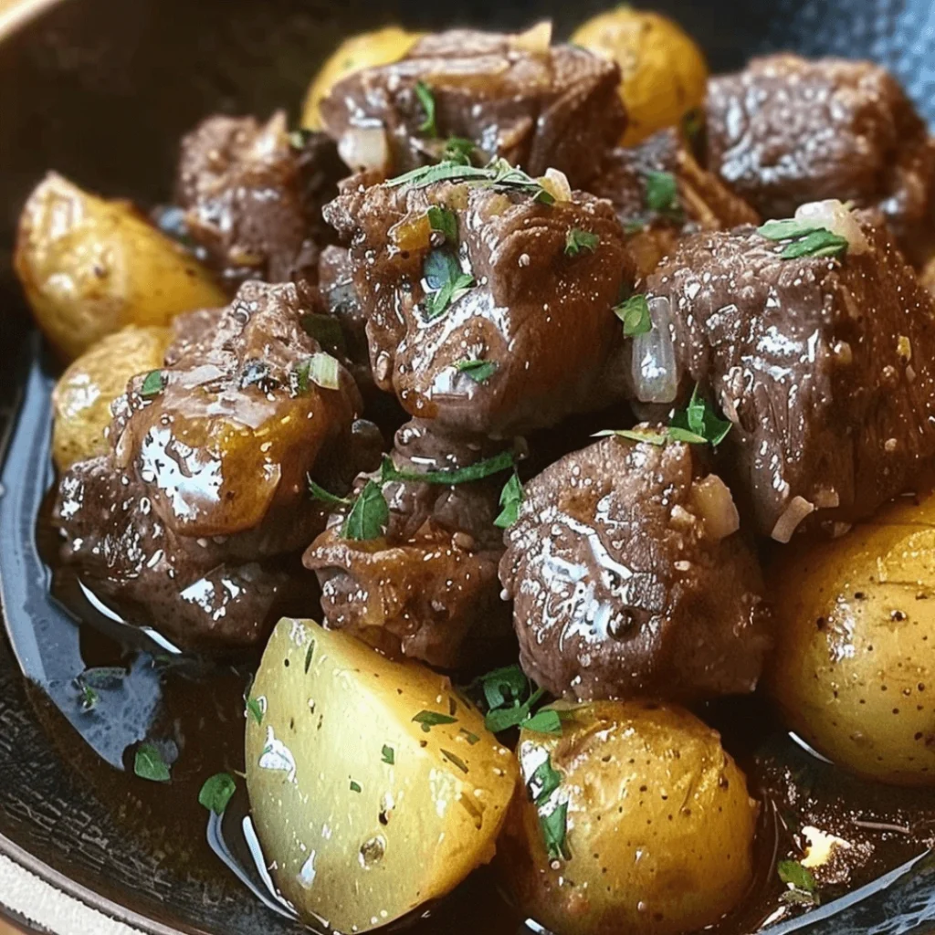 High Protein Garlic Butter Beef Bites – Easy Slow Cooker Dinner Recipe 1 High protein garlic butter beef bites in a bowl with parsley garnish