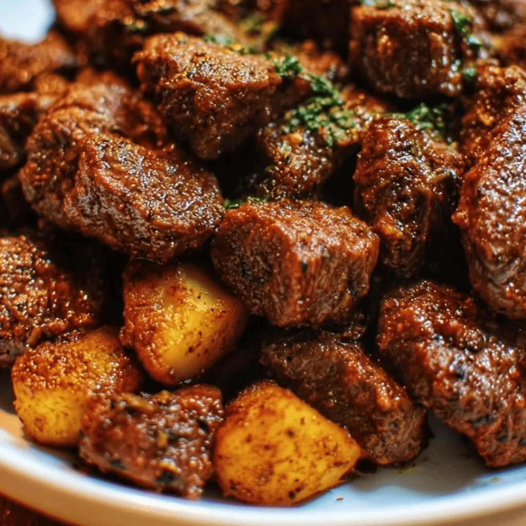 Slow cooker garlic butter beef bites with potatoes served in a bowl