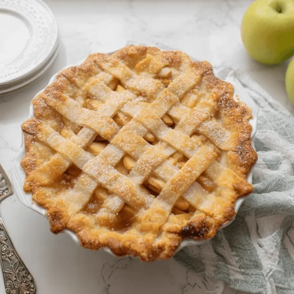 Homemade apple pie with golden crust and fresh apple filling