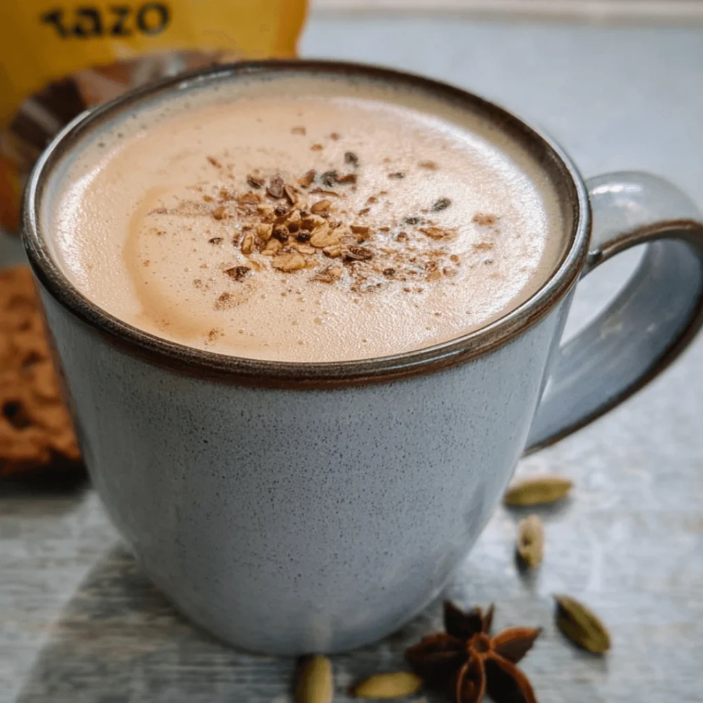 Homemade Chai Tea Latte made with tea bags, spices, and milk served in a cozy mug.