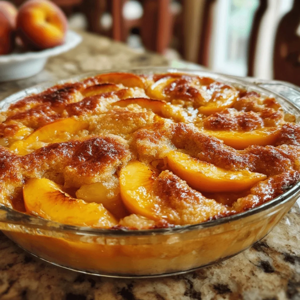 Homemade peach cobbler with fresh peaches and golden biscuit topping