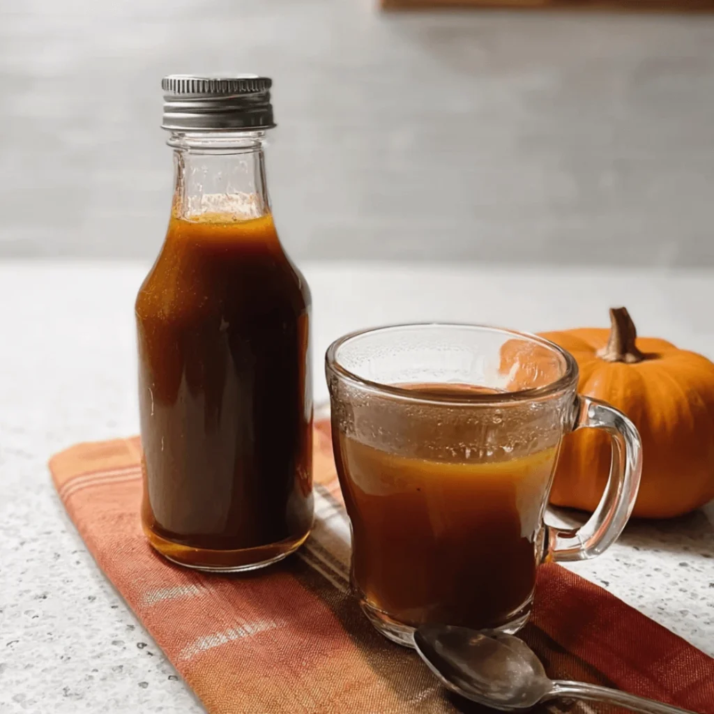 Homemade Pumpkin Spice Syrup for Coffee, Tea & Fall Drinks 1 Homemade pumpkin spice syrup in a glass jar with cinnamon sticks and coffee cup