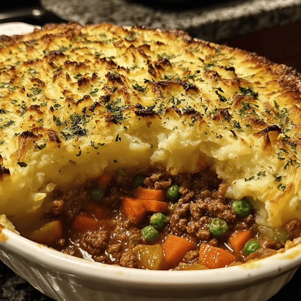 Classic homemade shepherd’s pie with golden mashed potato topping.