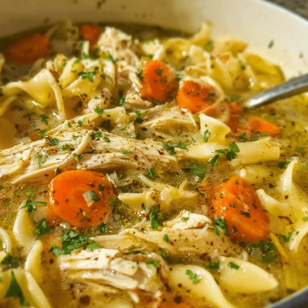 A comforting bowl of homestyle chicken noodle soup with fresh parsley garnish.