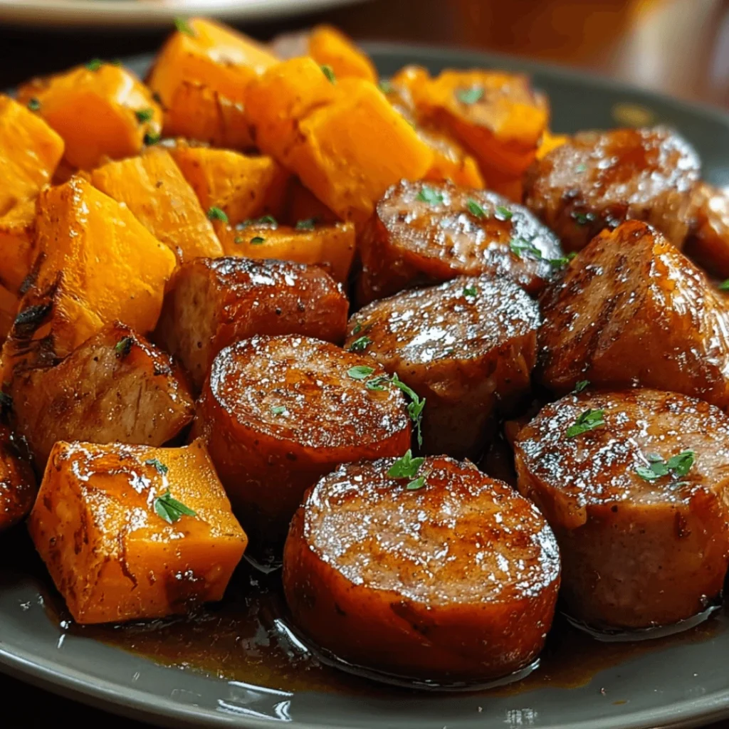 Honey Garlic Sausage and Sweet Potatoes on a baking sheet garnished with parsley