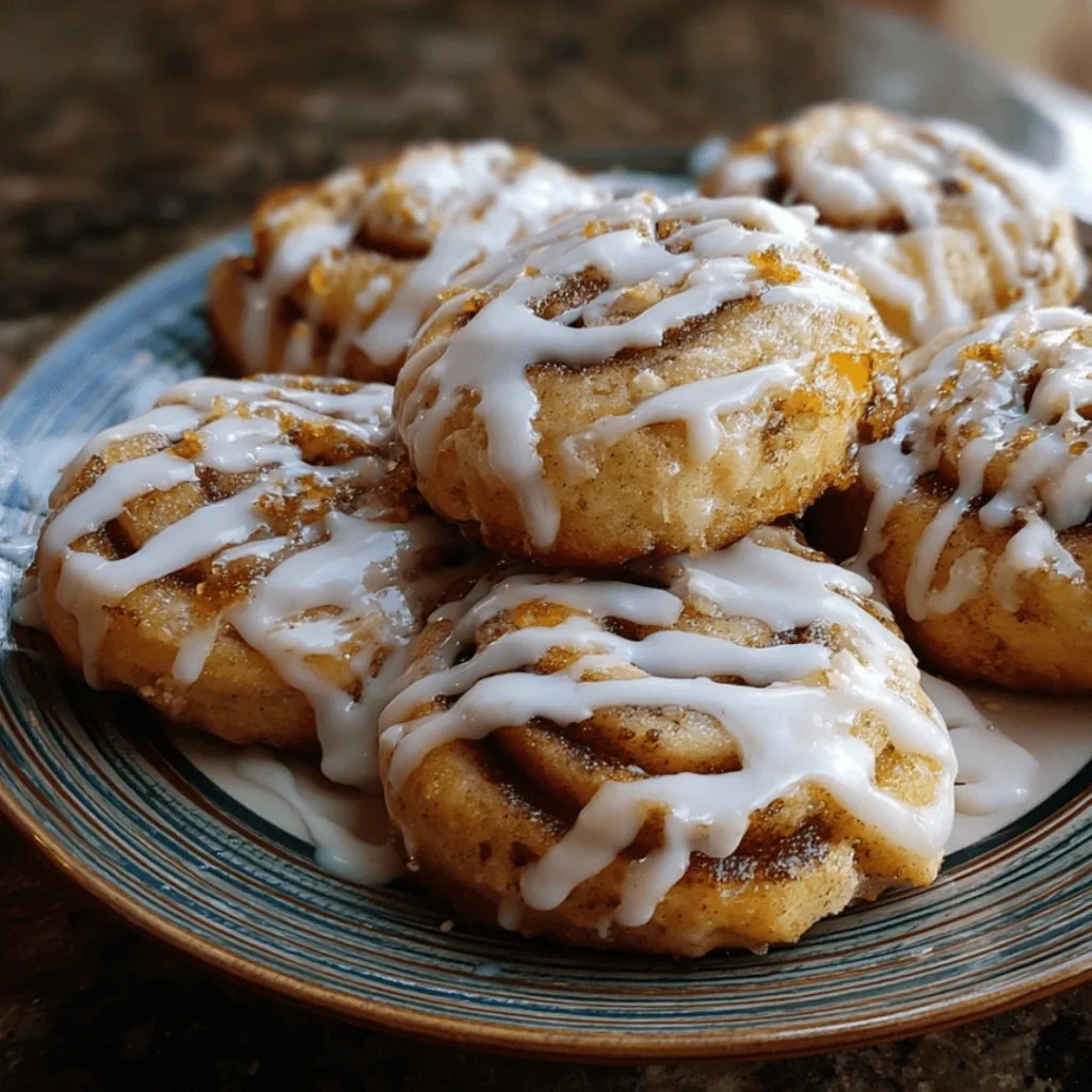 Freshly baked cinnamon roll cookies drizzled with glaze on a rustic plate
