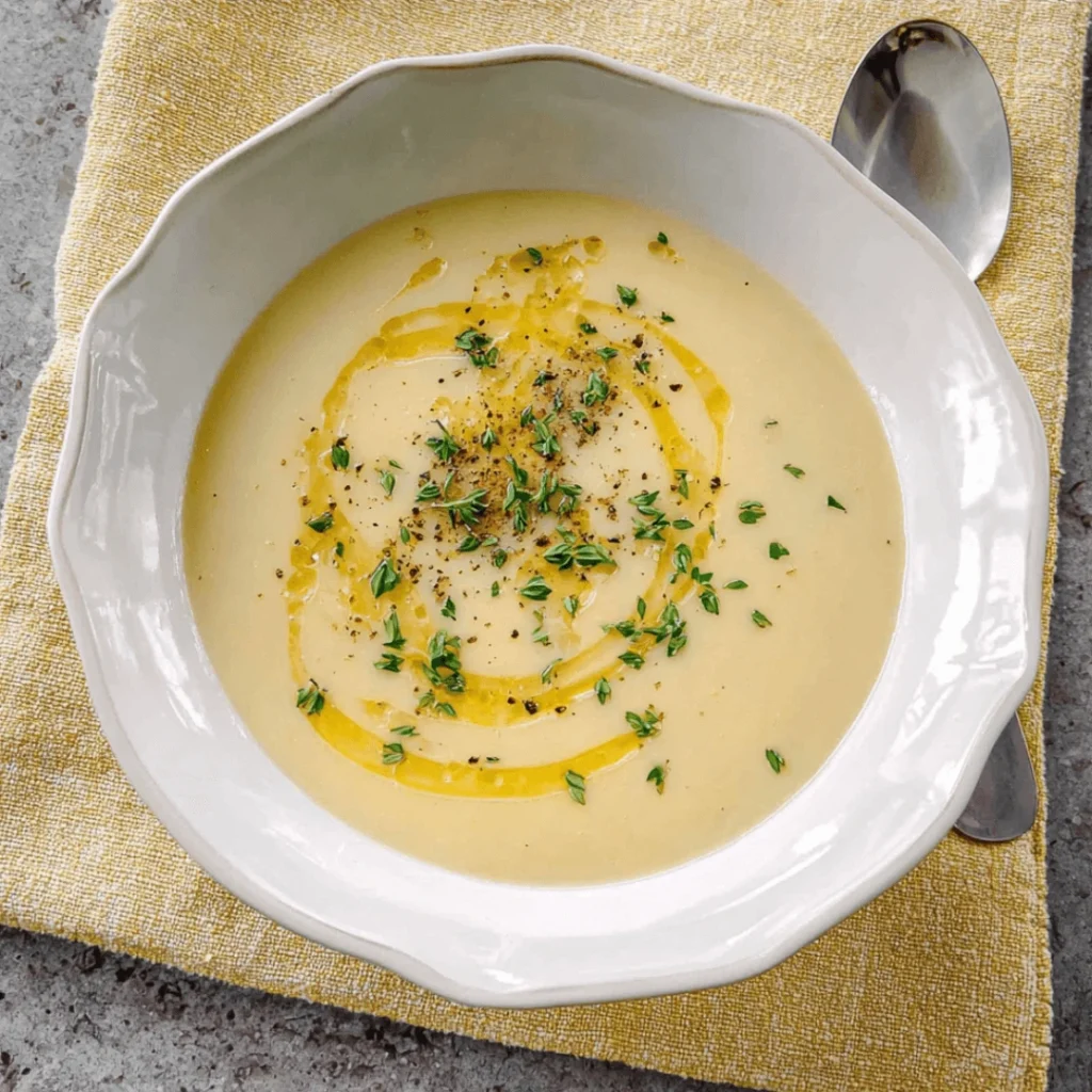 Julia Child’s Creamy Potato Leek Soup | Cozy French Classic Recipe 1 Creamy potato leek soup served in a bowl, garnished with fresh chives.