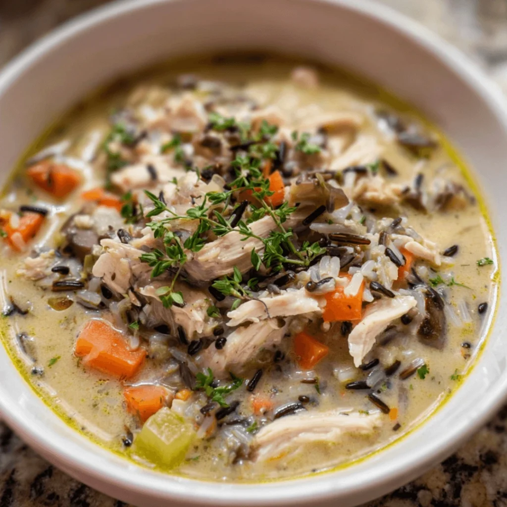 Bowl of creamy leftover turkey wild rice soup with fresh parsley garnish