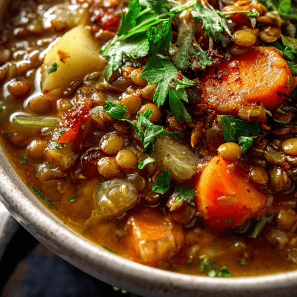 Cozy bowl of healthy lentil soup with vegetables