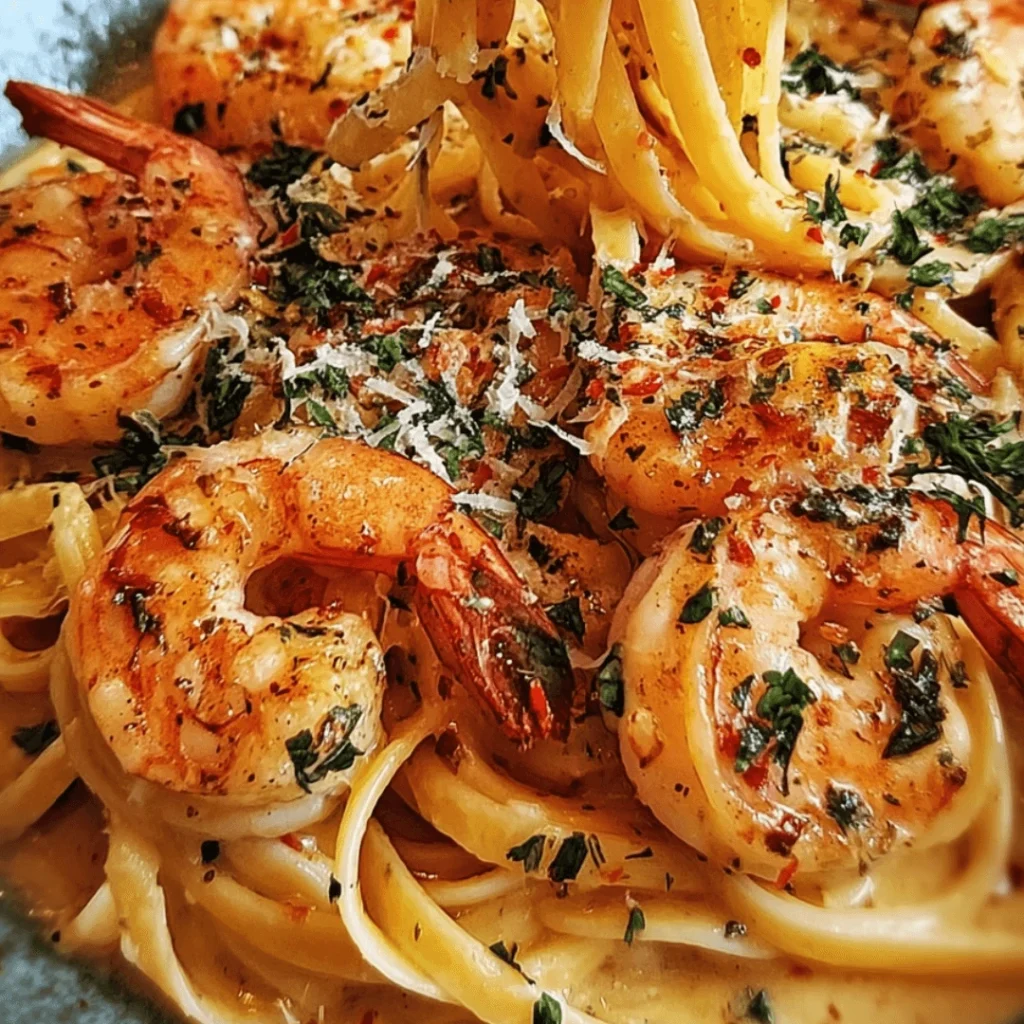 Creamy Marry Me Shrimp Pasta with garlic parmesan sauce served in a skillet