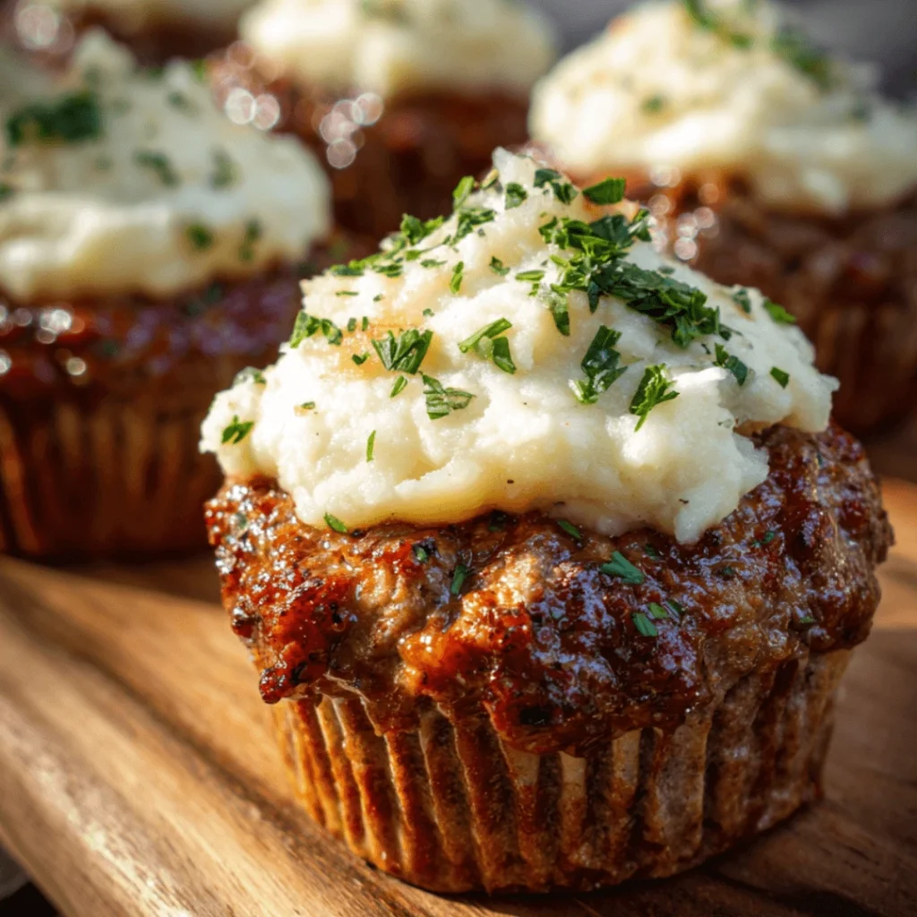 Mini meatloaf cupcakes topped with fluffy mashed potato swirls