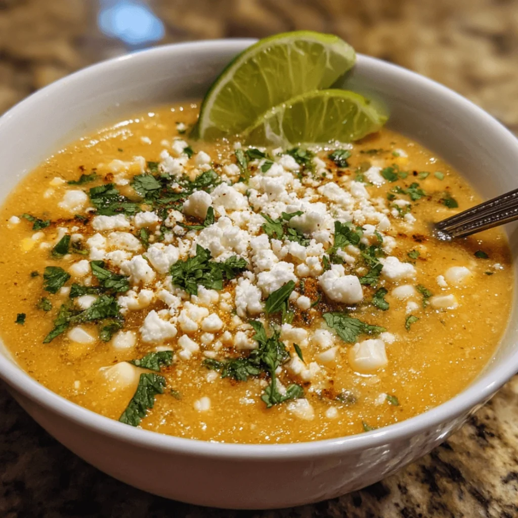 Creamy Mexican Street Corn Soup in a white bowl topped with cilantro and cotija cheese.