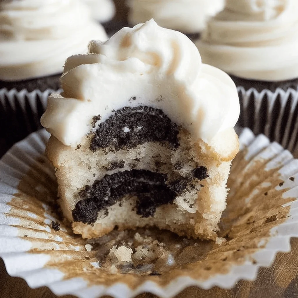 Mini Cookies & Cream Cupcakes topped with Oreo pieces and whipped cream