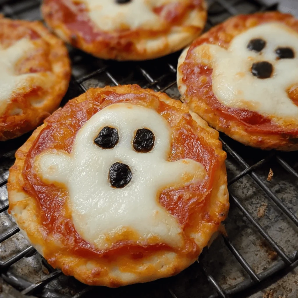 Mini ghost-shaped pizzas with melted cheese and olive eyes on a baking tray