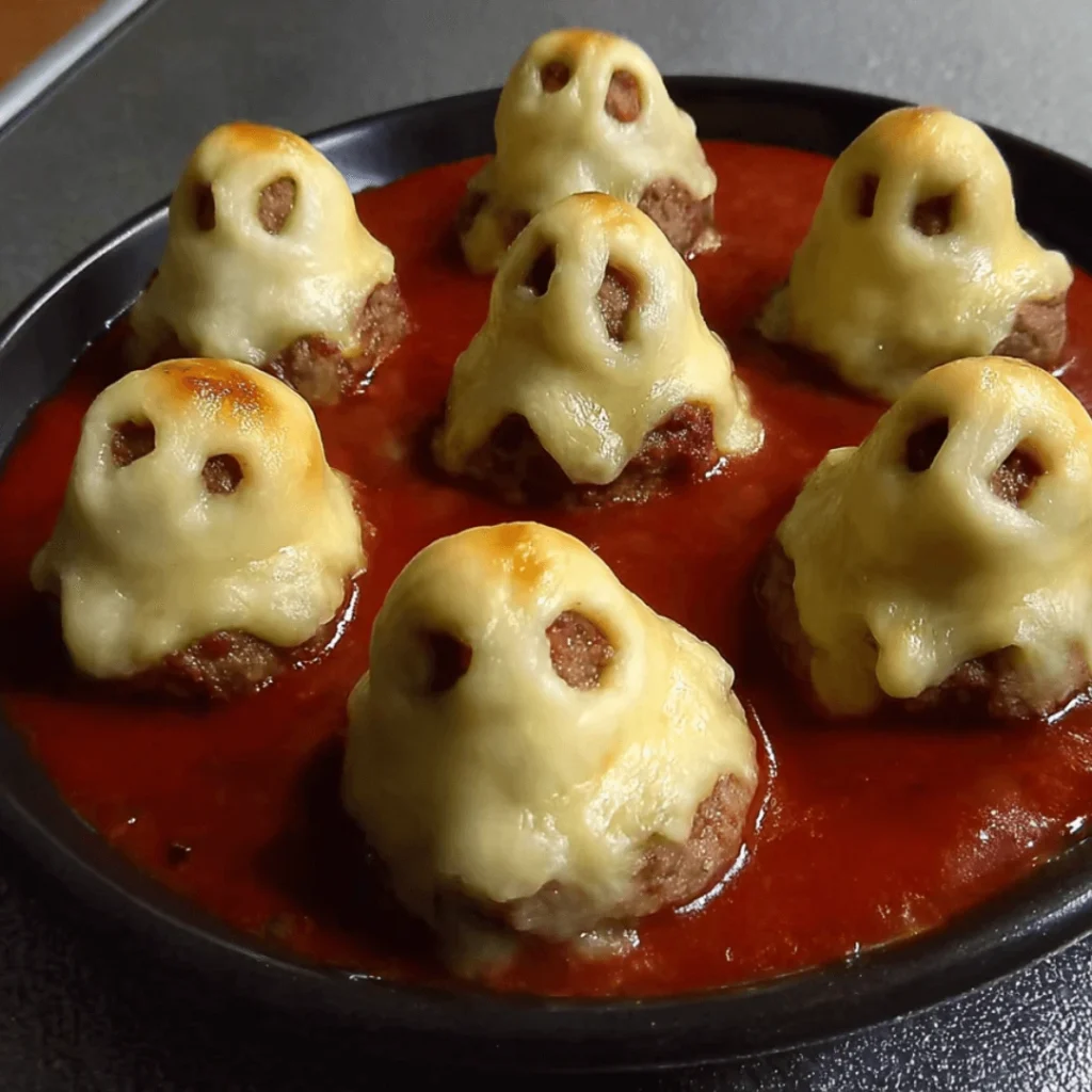 Mini meatloaf ghosts topped with mashed potatoes and olive eyes on a plate.