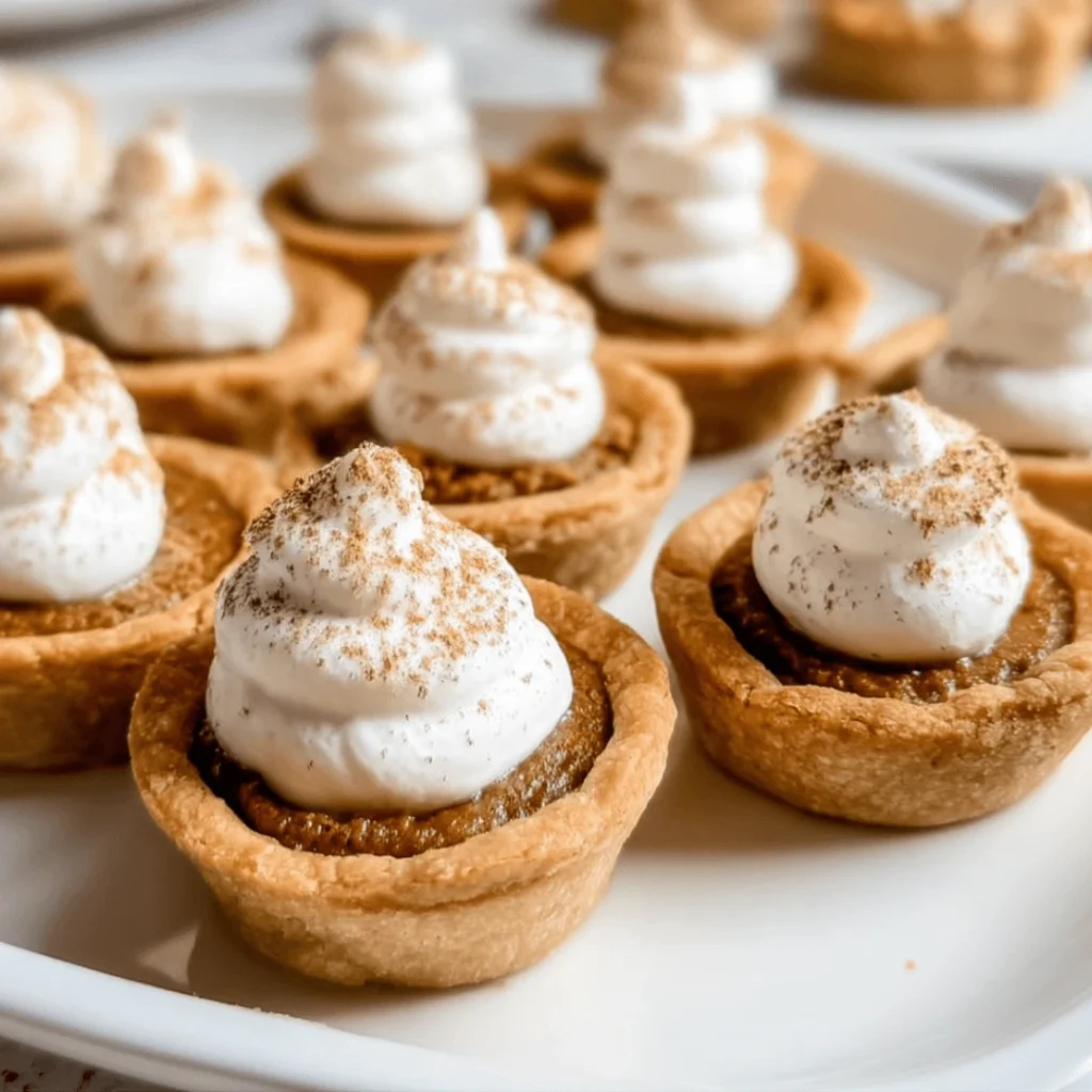 Mini pumpkin pies on a plate, topped with whipped cream and cinnamon.