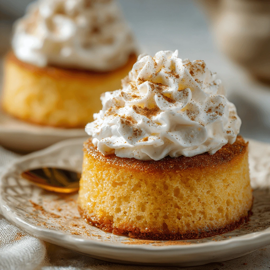 Mini tres leches cake with whipped cream and cinnamon topping