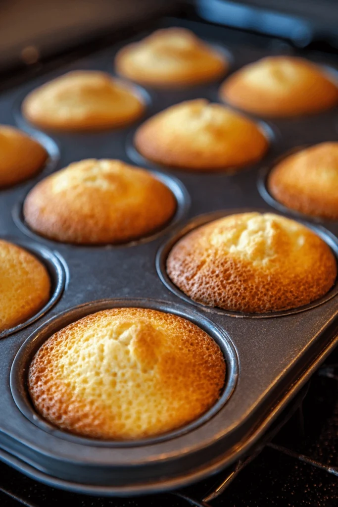 Mini Tres Leches – A Bite-Sized Twist on the Classic Cake 6 Mini tres leches sponge cakes baking in muffin tin