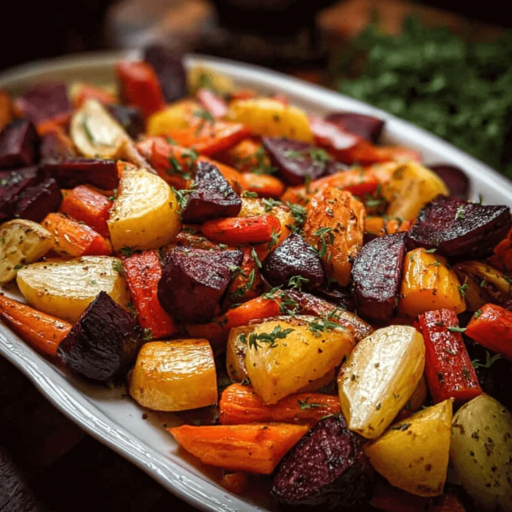 Easy Oven Roasted Root Vegetables | Healthy, Flavorful & Cozy Side Dish Recipe 1 Tray of golden oven roasted root vegetables with carrots, parsnips, sweet potatoes, and red onion