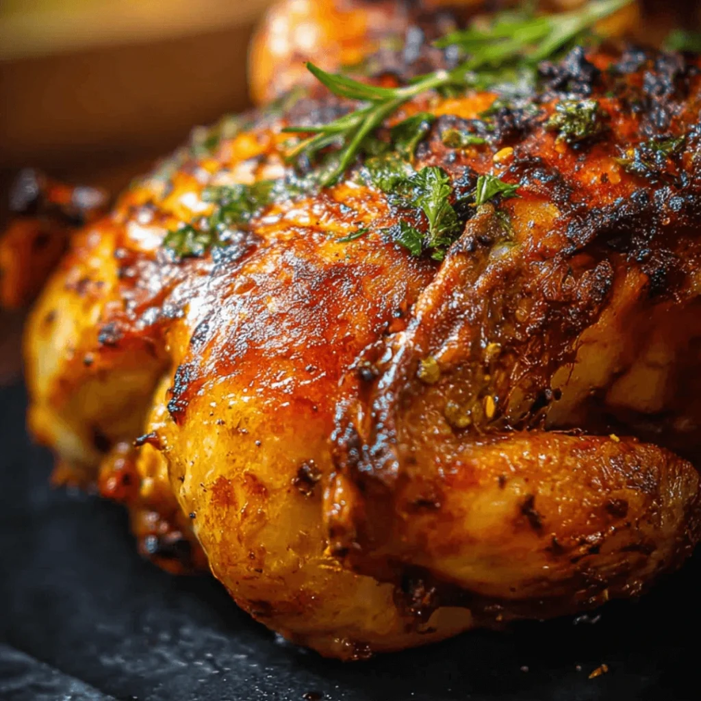 Whole roasted chicken with golden skin, herbs and vegetables on platter