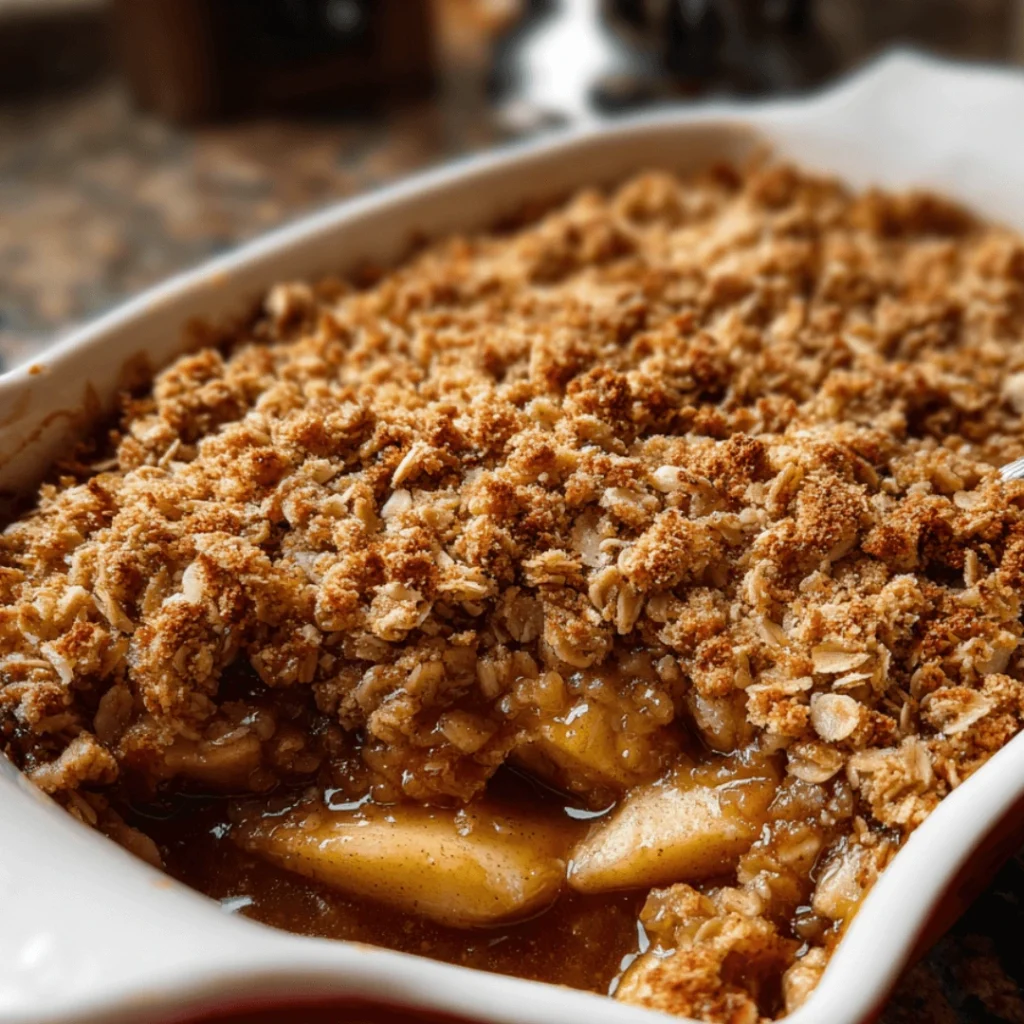 Homemade Pioneer Woman Apple Crisp with oatmeal topping served warm in a baking dish.