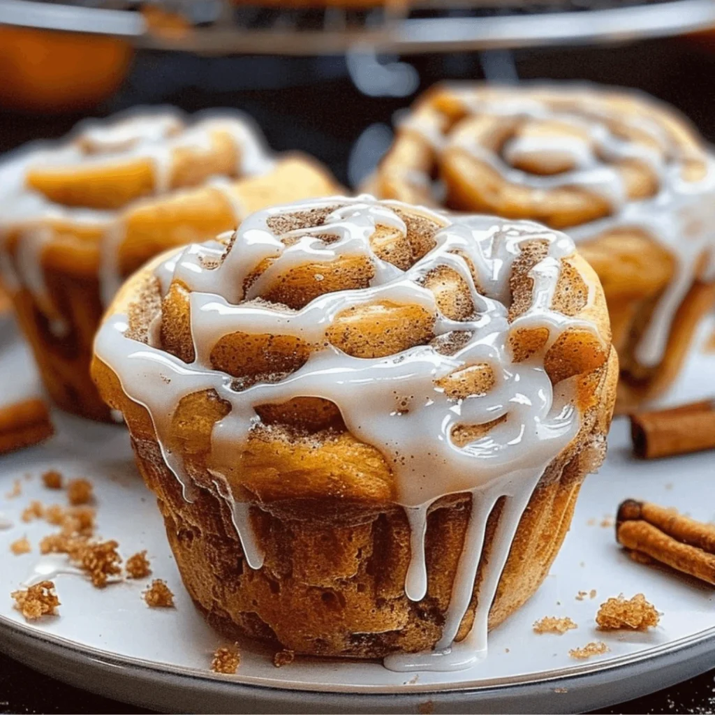 Pumpkin Cinnamon Roll Muffins topped with cream cheese frosting