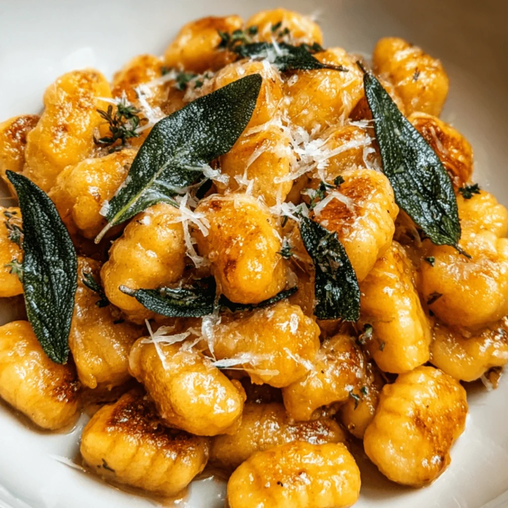 Pumpkin Sage Gnocchi coated in a creamy brown butter sauce with crispy sage leaves