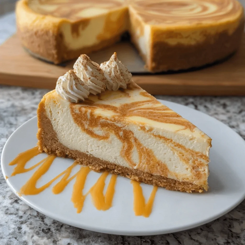 Pumpkin Swirl Cheesecake with creamy pumpkin spice filling and marbled design