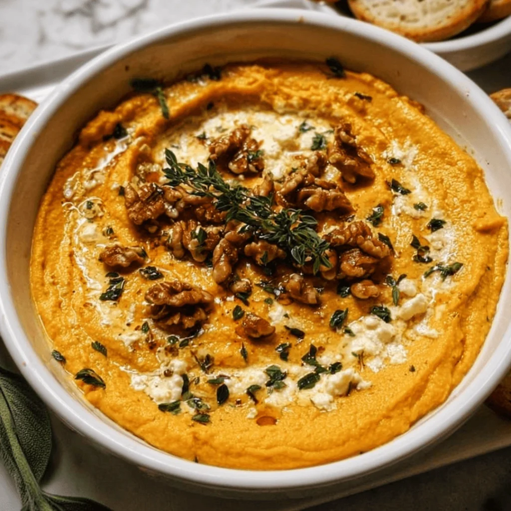 Creamy pumpkin whipped feta dip topped with walnuts, olive oil, and fresh thyme