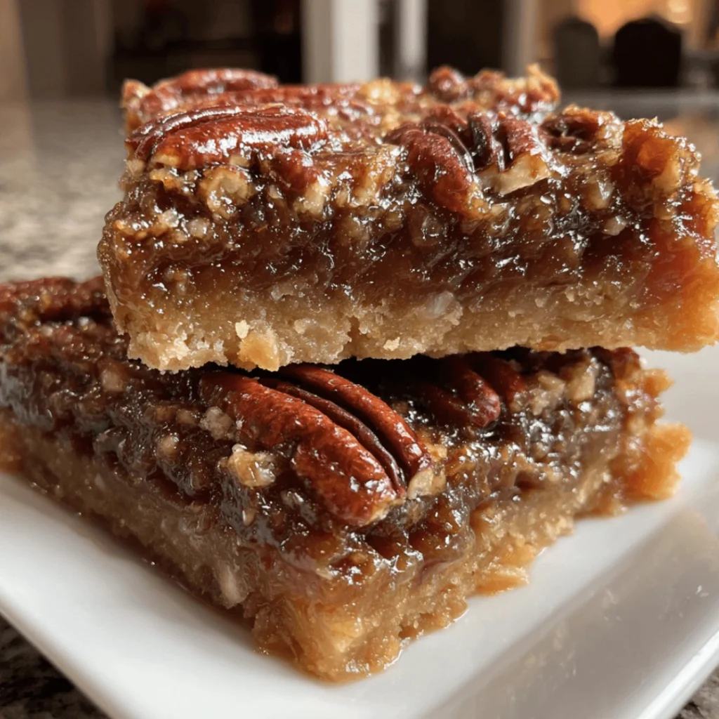 Really easy ooey gooey pecan pie bars cut into squares on a plate