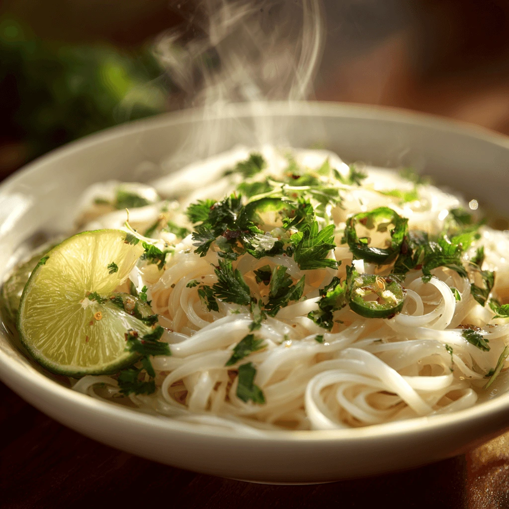 Rice noodles in a steaming bowl with fresh herbs