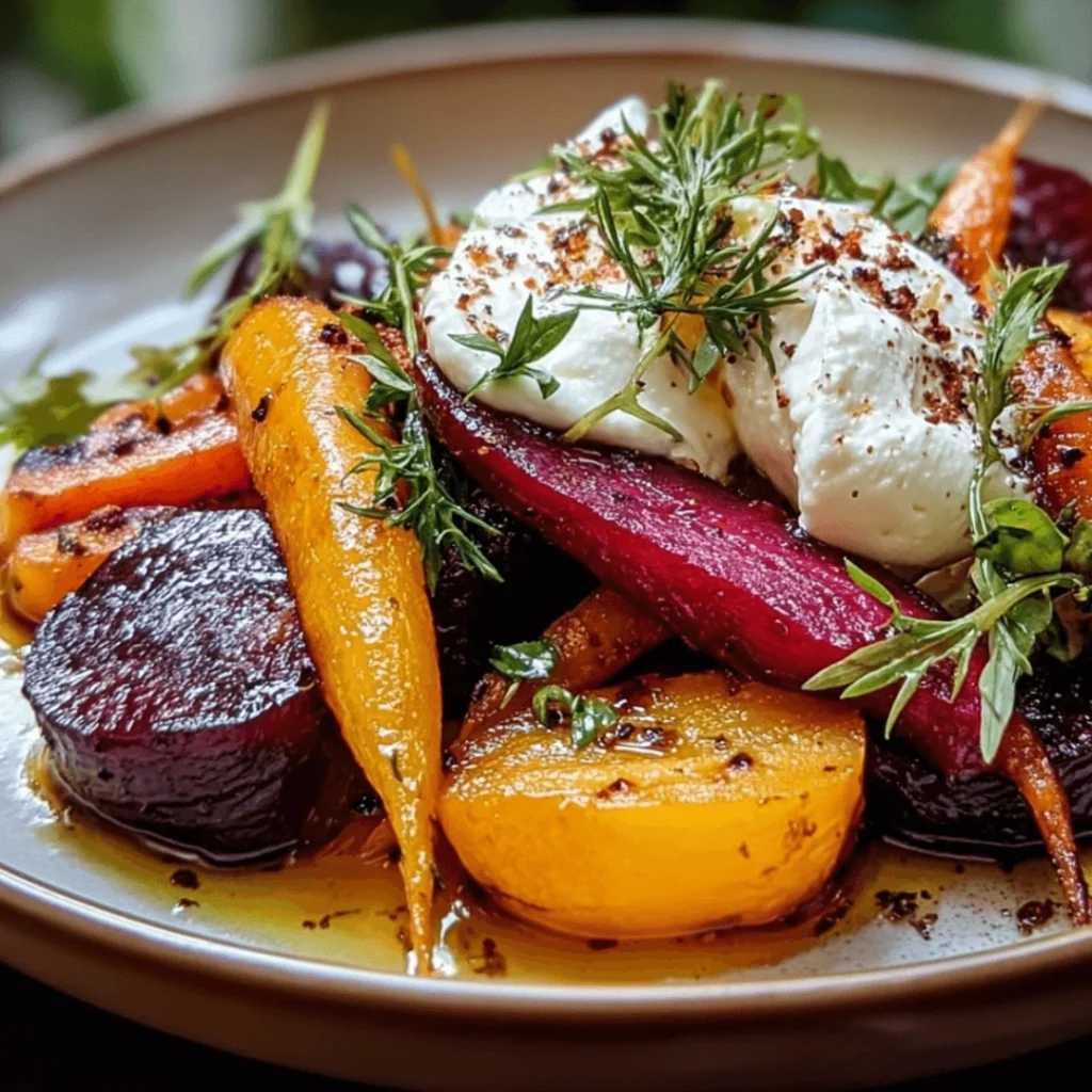 Roasted beets and carrots salad with creamy burrata cheese and greens
